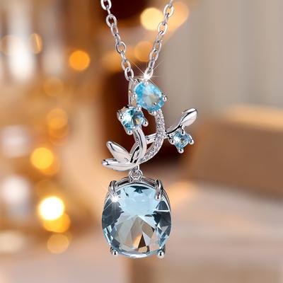 Fashion Oval Cut Sky Blue Zircon Pendant Necklace for Women Silver Color Chain Necklace Crystal Wedding Party Jewelry Gifts