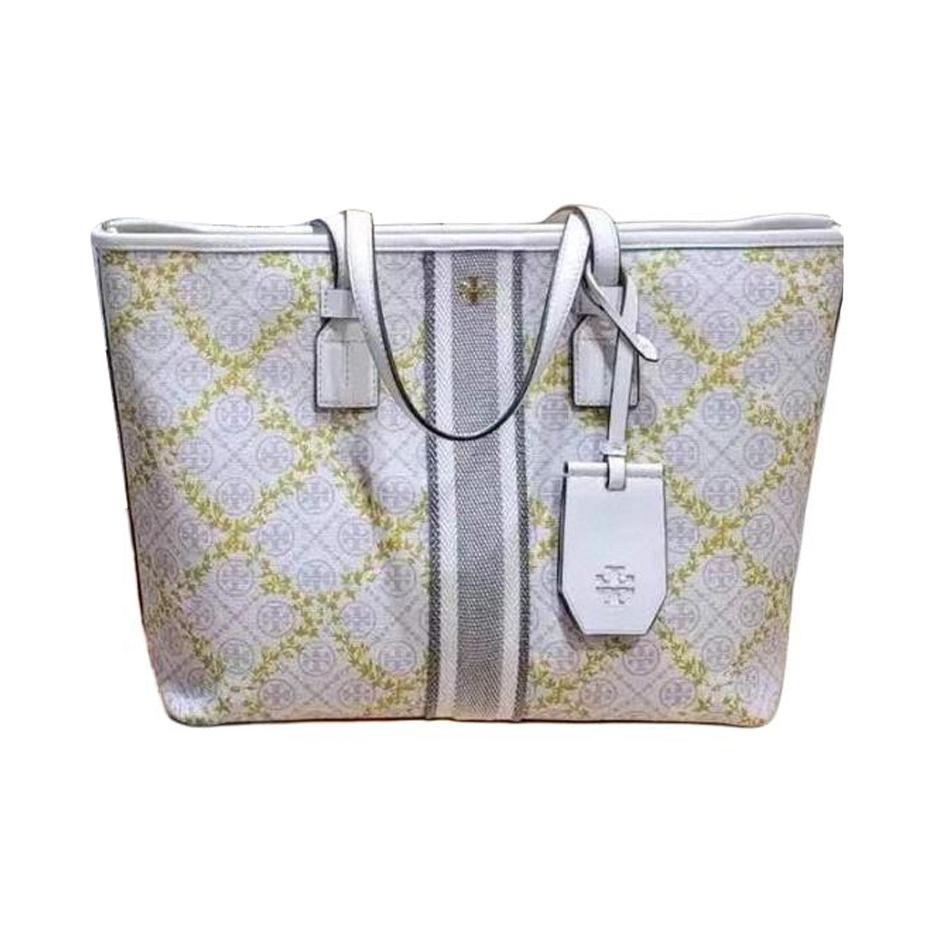 Tory Burch Tb T Monogram Vine Pattern Fabric And Faux Leather Tote Bag Women Tote Ivory 82593-107