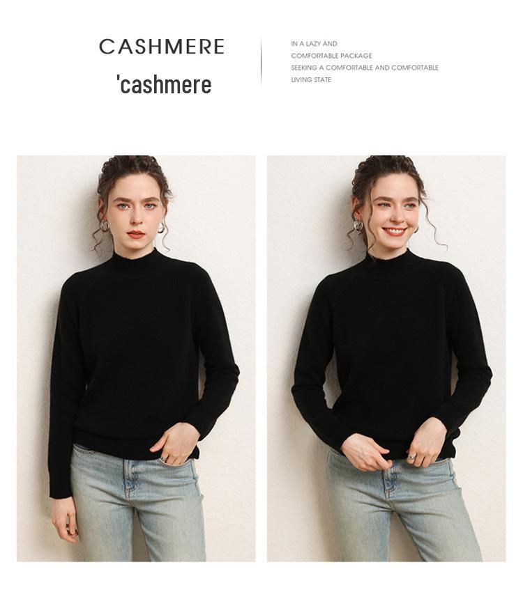 Women's Versatile Cashmere Sweater: Plain Color, Autumn/Winter, Half-High Neck, Raglan Sleeves, Double Ply, Thickened Base Layer.