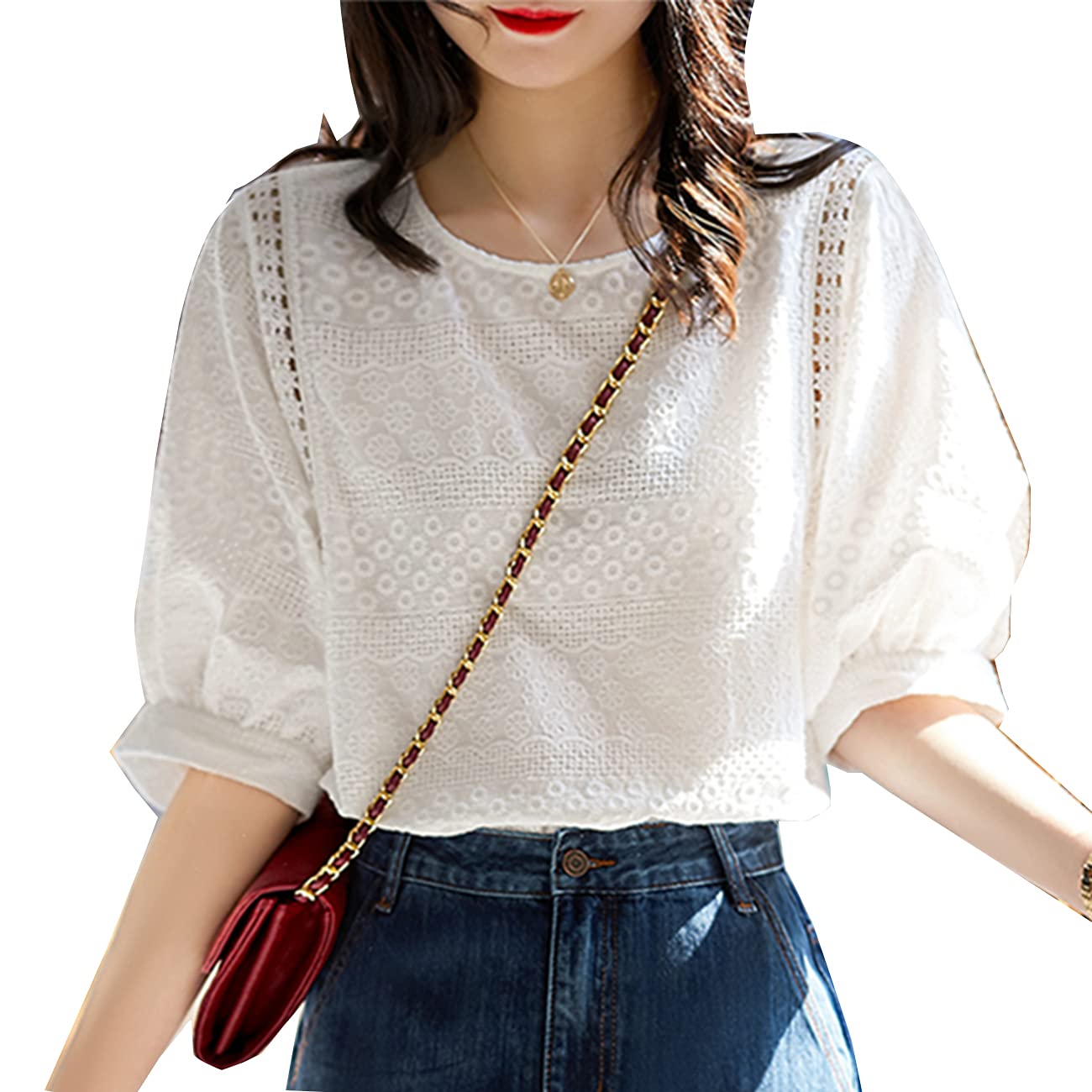 

[SYitong] Lace Blouse for Women, All-over Lace Top, White, Korean Style, Cute, Short Sleeve, U-neck, Cotton, Lightweight, Loose Fit, Embroidered, Smal