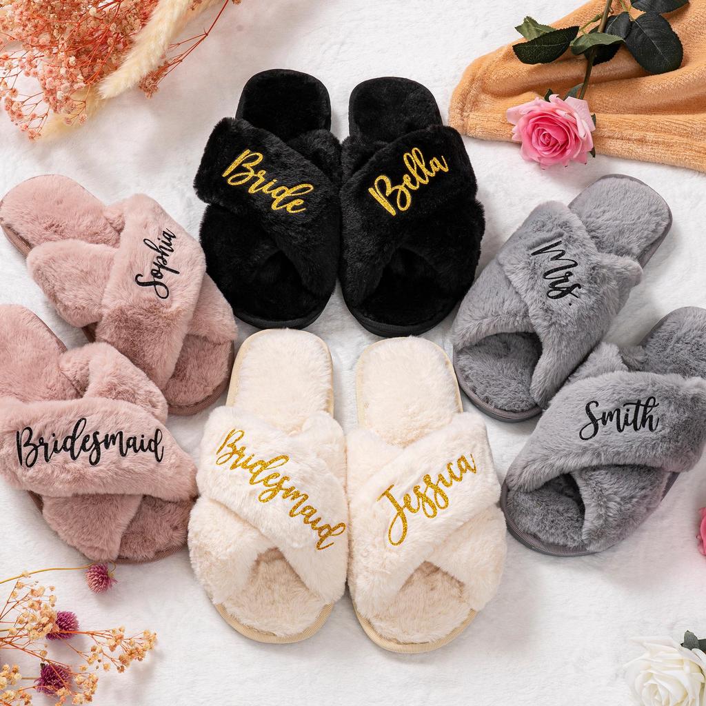 Bridesmaid Fluffy Cross Plush DIY Women's Autumn/Winter Couple Slippers