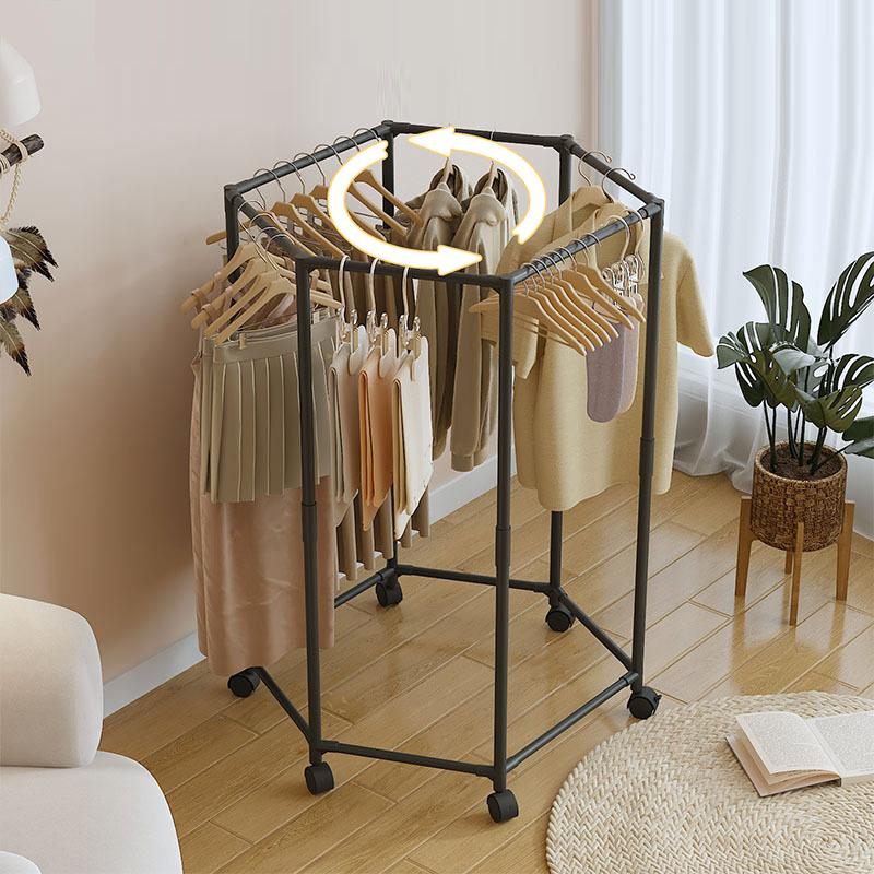 Hexagonal Rotating Garment Rack Free Standing Heavy Duty Clothes Hanger Space Saving Dormitory Laundry Organizer Multi Hook Drying Stand Iron Frame