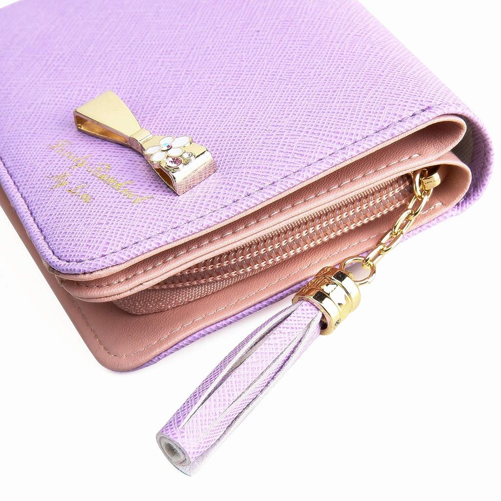 Fair Fairy Women's Bifold PU Leather Mini Wallet with Ribbon, Cute Gift, 151124 (Lavender)