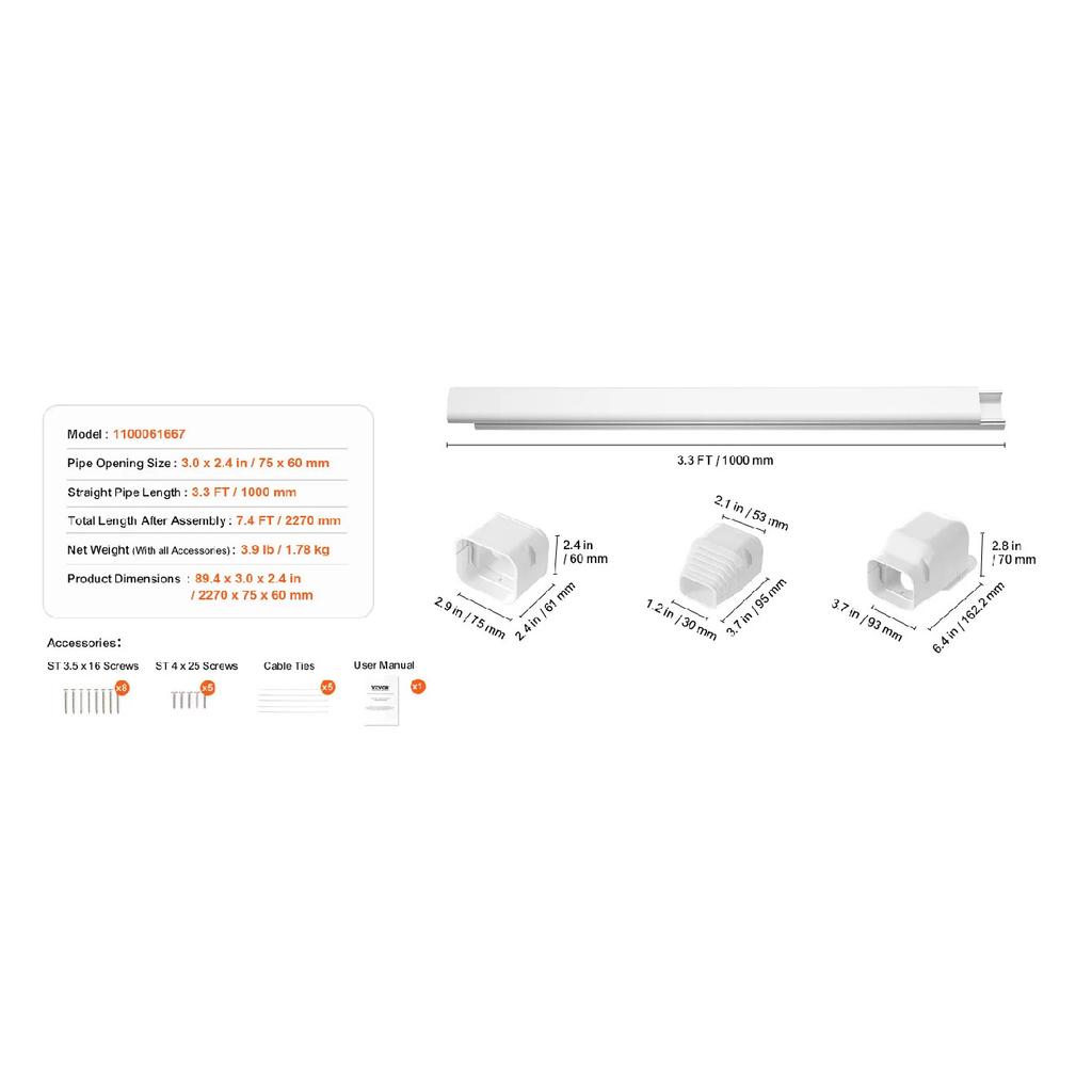 SucceBuy Mini Split Line Set Cover PVC Decorative Pipe Line Cover For Air Conditioner Easy To Install Paintable for Heat Pump