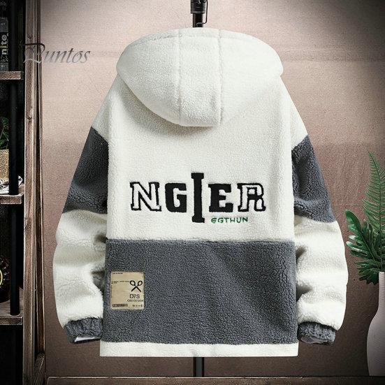 Men Spliced Hood Jacket Fall Winter Colorblock Hooded Zipper Closure Cardigan Thick Plush Polar Fleece Letter Decor Warm Long Sleeve Pockets
