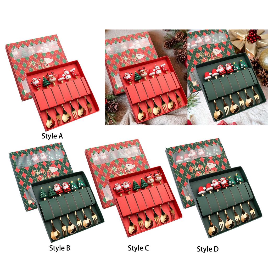 6x Christmas Spoons Forks Set, Stainless Steel Dessert Spoons Forks, Mixing Stirring Spoon, Xmas Cutlery Kits Utensils