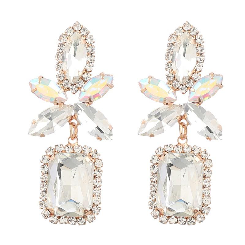 Geometric Floral Stud Earrings With Colorful Crystal Accents Alloy Fashion Jewelry Women White