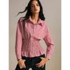 New Retro Plaid Waist Cinching Short Top with Elastic Waistband for Slimming Effect, Featuring A Lapel and Long Sleeved Plaid