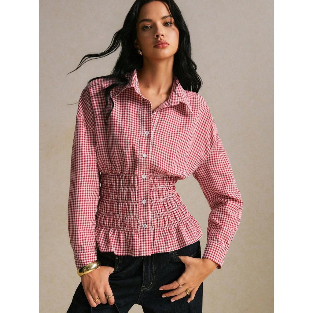 New Retro Plaid Waist Cinching Short Top with Elastic Waistband for Slimming Effect, Featuring A Lapel and Long Sleeved Plaid