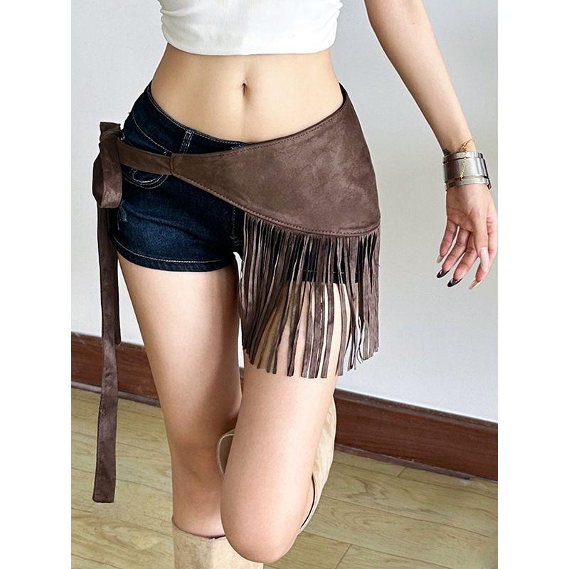 # Sisjuly# Lillard Denim Girls' Retro PU Leather Rope Ribbon Skirt Women's Fashion All-Match Tassel