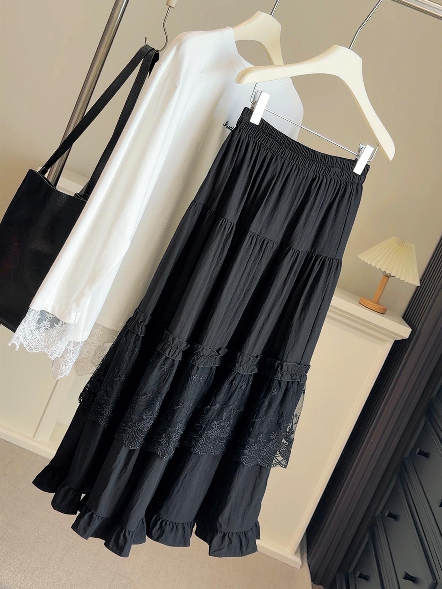Sweet Ruffled Lace Patchwork White Layered Midi A-line Skirt for Women - High Waist Slimming One Size чёрный