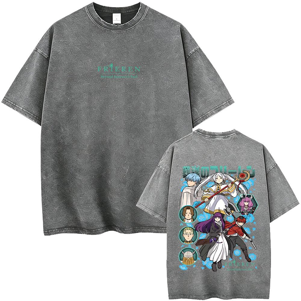 Anime Frieren Beyond Journeys End Frieren Washed Vintage Tshirt Men Women Fashion Manga Tshirts High Quality Cotton T Shirts