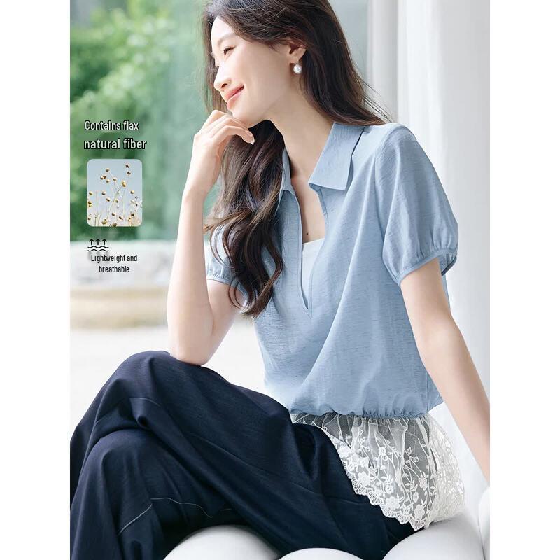 Women s Faux Two-Piece V-Neck Lace Trim Bubble Blouse XL