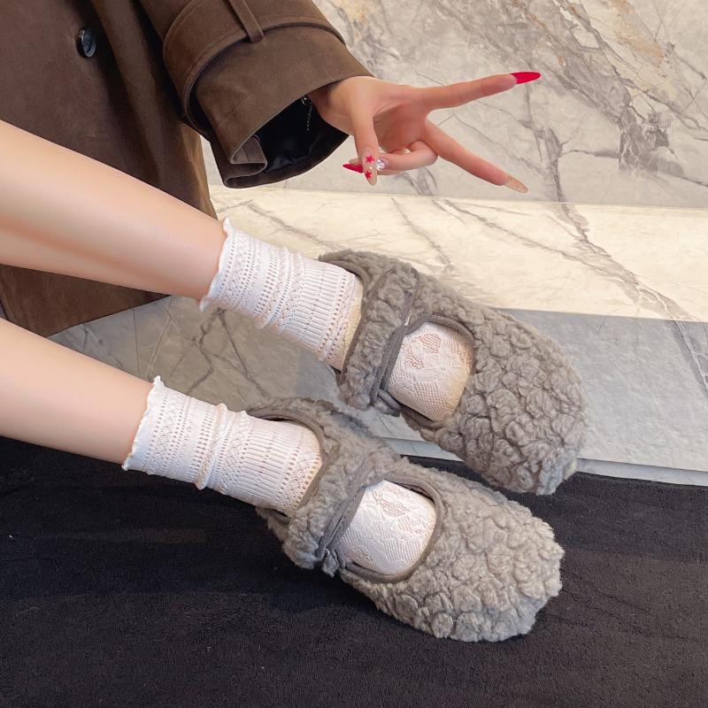 Fashion Autumn Woolen Fur Women Warm Cotton Flats Shoes Concise Outdoor Soft Sole Shoes Ladies Comfort Mary Jane Shoes