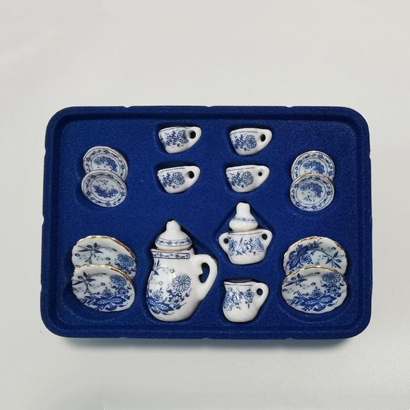 15pcs mini teapot set, 1:12 scale miniature dollhouse porcelain teacup set, blue and white, red rose