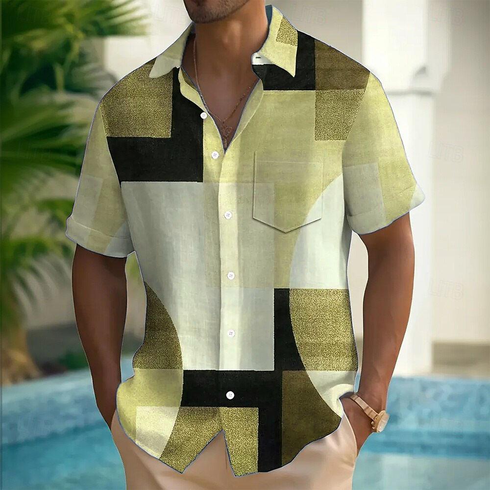 

Men s Geometric Color Block Patchwork Shirt Button Shirt Short-sleeved Fashion Casual Summer Lapel 3D Printing with Pocket Shirt 5XL