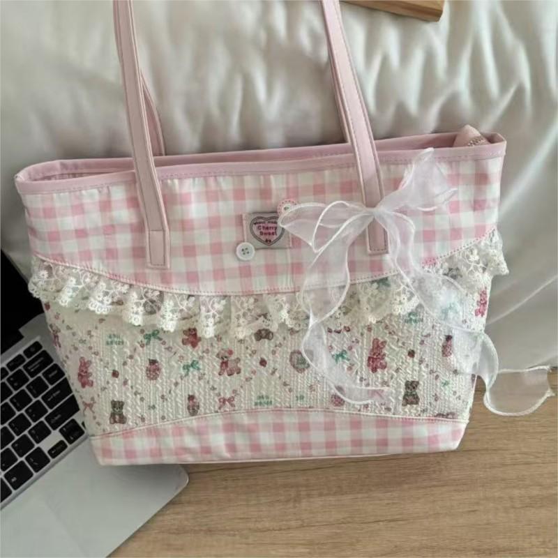 JIAERDI Sweet Cute Pink Plaid Tote Bag Women Harajuku Romantic Lace Detail Shoulder Bags Female Large Capacity Casual Handbag