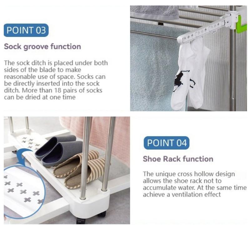 Portant à vêtements à trois niveaux en acier inoxydable Séchoir de rangement portable de type aile Séchoir à linge pliable sur pied