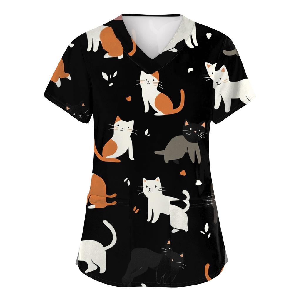Women's Fashion Short Sleeve Cute Animal Printed V-Neck Pocket Workwear Tops