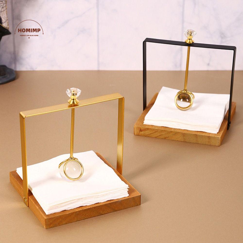 Creative Metal Napkin Holder Wooden Light Luxury Tabletop Tissue Rack with Handle Square Base Napkin Dispenser