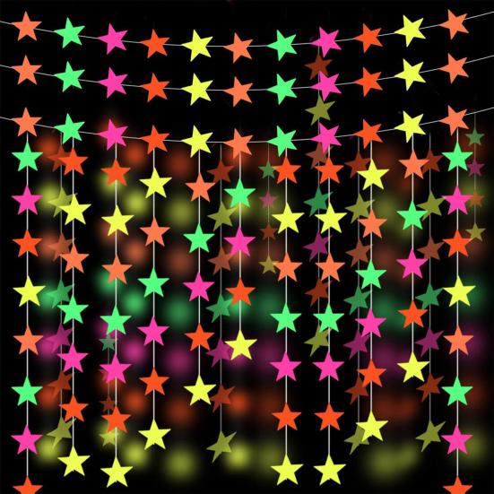 UV Neon Party Decoration Fluorescent Star Heart Circle Dot Garland Glow in The Dark Hanging Streamers Banner for Baby Bridal Shower Birthday Backdrop