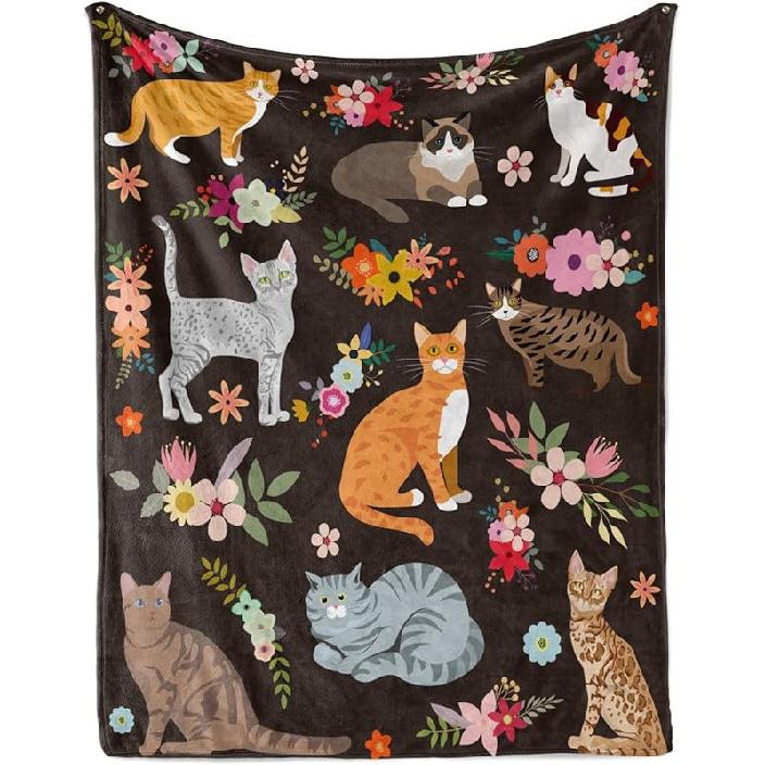 Cats Blanket Cat Present Soft Flannel Lightweight Cats and Flowers Throw Blanket for Kids Girls Boys All Season Cartoon Animals Blankets for Sofa