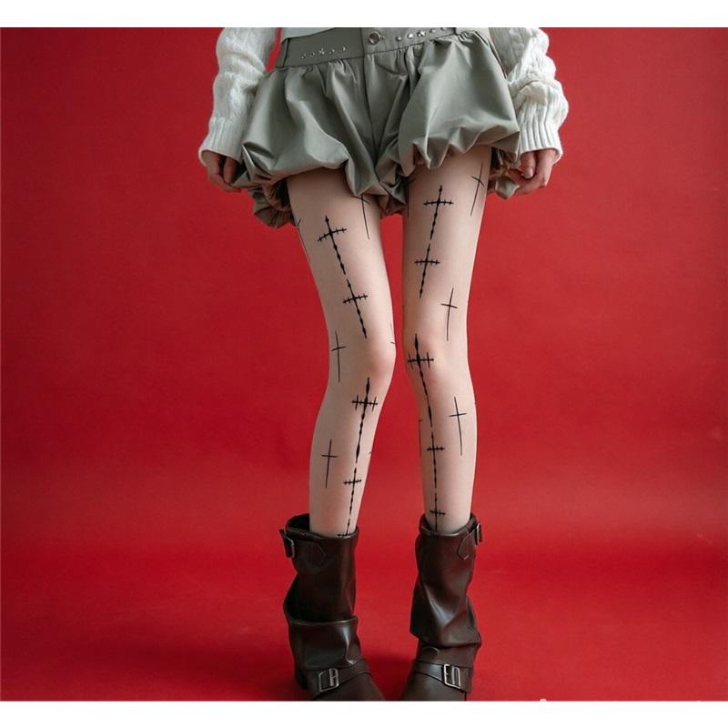 Printed cross stockings, thin anti-snatch pantyhose, sweet hottie black stockings, personalized punk style bottoming stockings for women