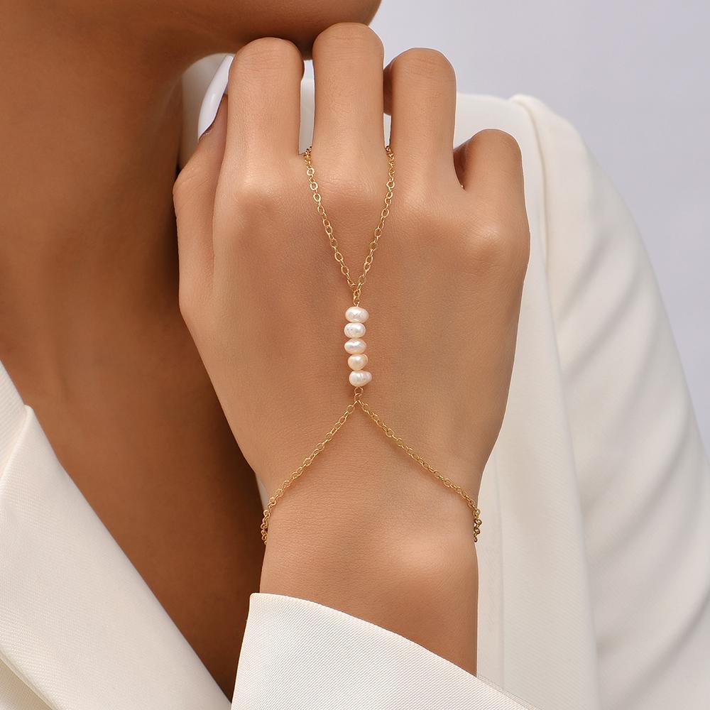 

Boho Hand Harness Chain Zircon Pearl Link Chain Connected Finger Ring Bracelets for Women Charm Friendship Couple Gift
