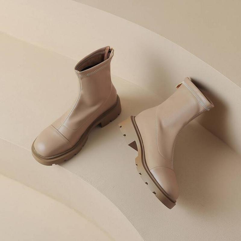 Autumn and Winter Round Head Women's Fashion Boots Medium Heel Large Size Back Zipper Women's Boots Square Heel Comfortable Platform Medium Boot