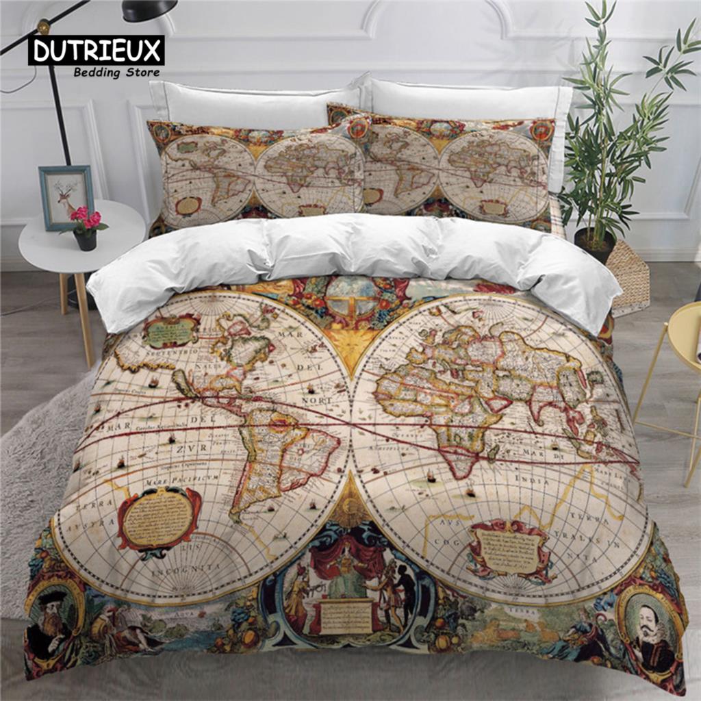 Compass Duvet Cover Vintage World Map Bedding Set Nautical Compass On Background Old Map Comforter Cover For Kids Adults Decor