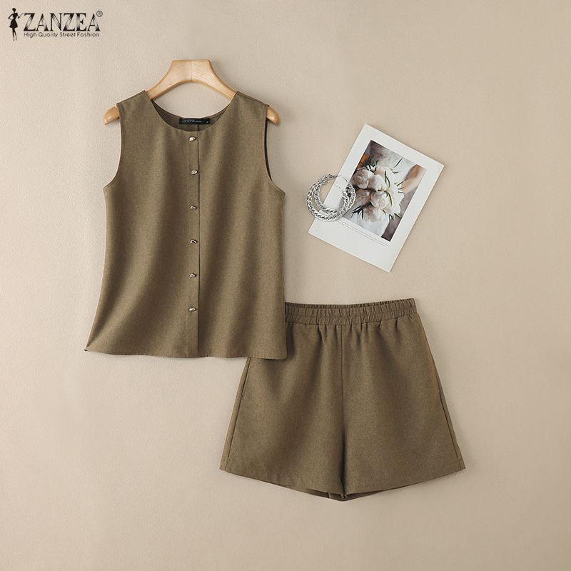 ZANZEA Women Sleeveless Tank Tops and Shorts Summer Two Piece Suit Sets