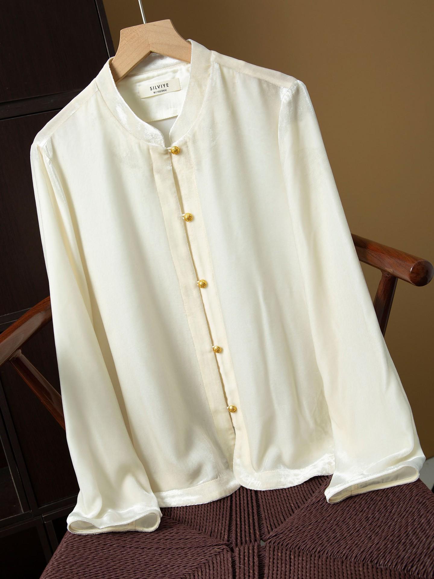 

Пальто в стиле Хепберн из бархата из тутового шелка с воротником-стойкой и длинными рукавами - Ретро китайский придворный дизайн L грязно-белый