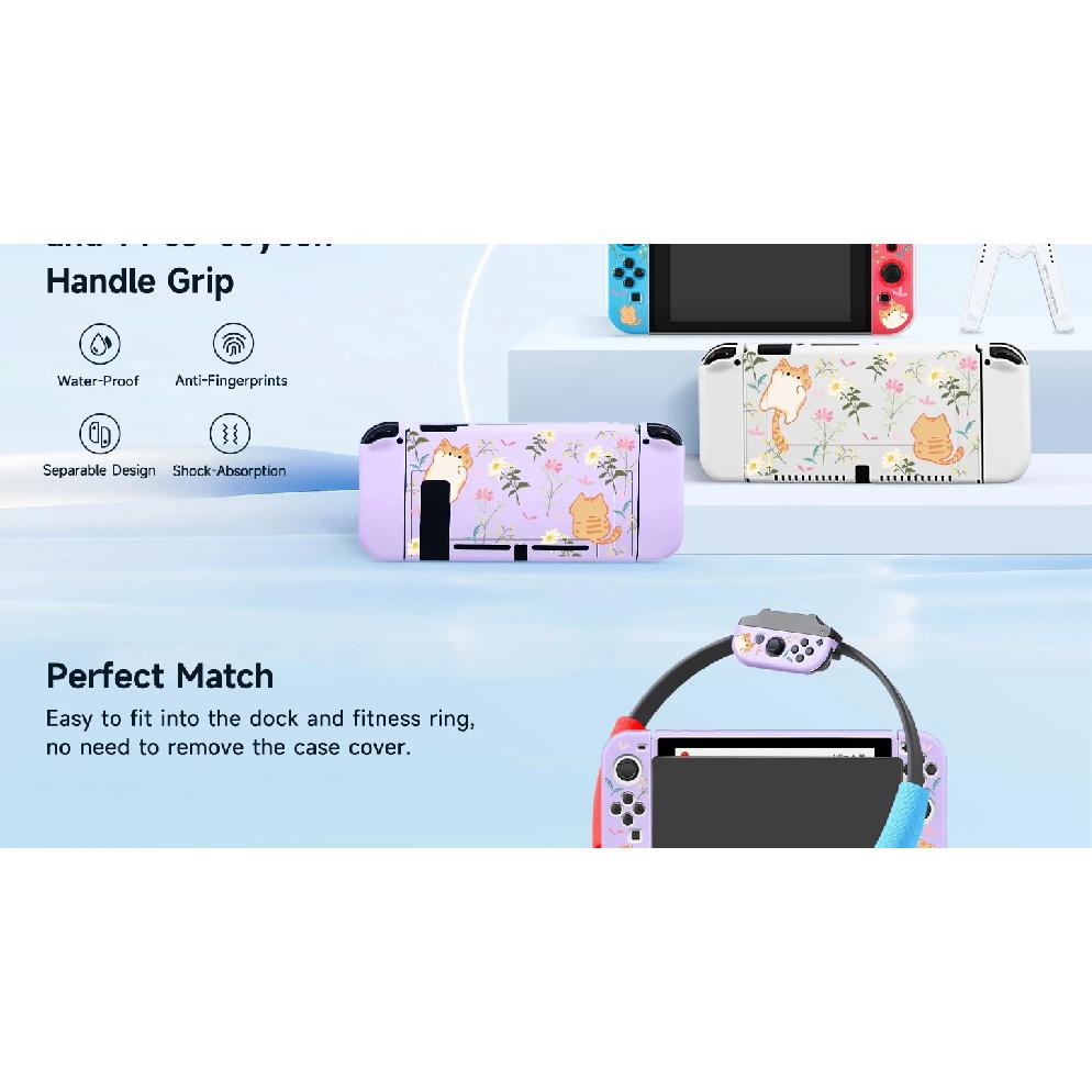 1 Piece Orange Cat and Flower Protective Case with 1 Gamepad Grip for Switch NS/Oled, Drop and Scratch Resistant