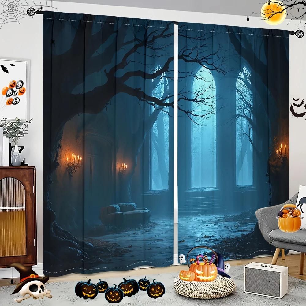 Set Of 2 Halloween Dark Forest Castle Printed Curtains Pole Bag Home Decorations Room Curtain Made Polyester