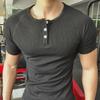 Men's Retro Cotton Henley Shirt - Coarse Thread 230g, Solid Color, Short-Sleeve Fitness Top