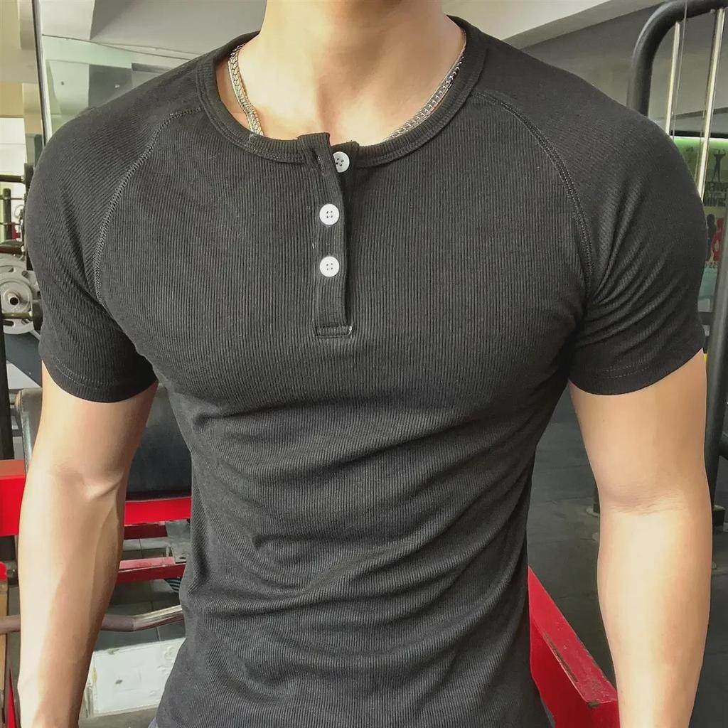 Men's Retro Cotton Henley Shirt - Coarse Thread 230g, Solid Color, Short-Sleeve Fitness Top