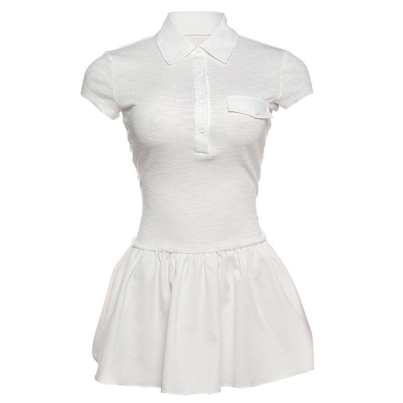 

Collar Button Pleated Short Sleeve Dress White S
