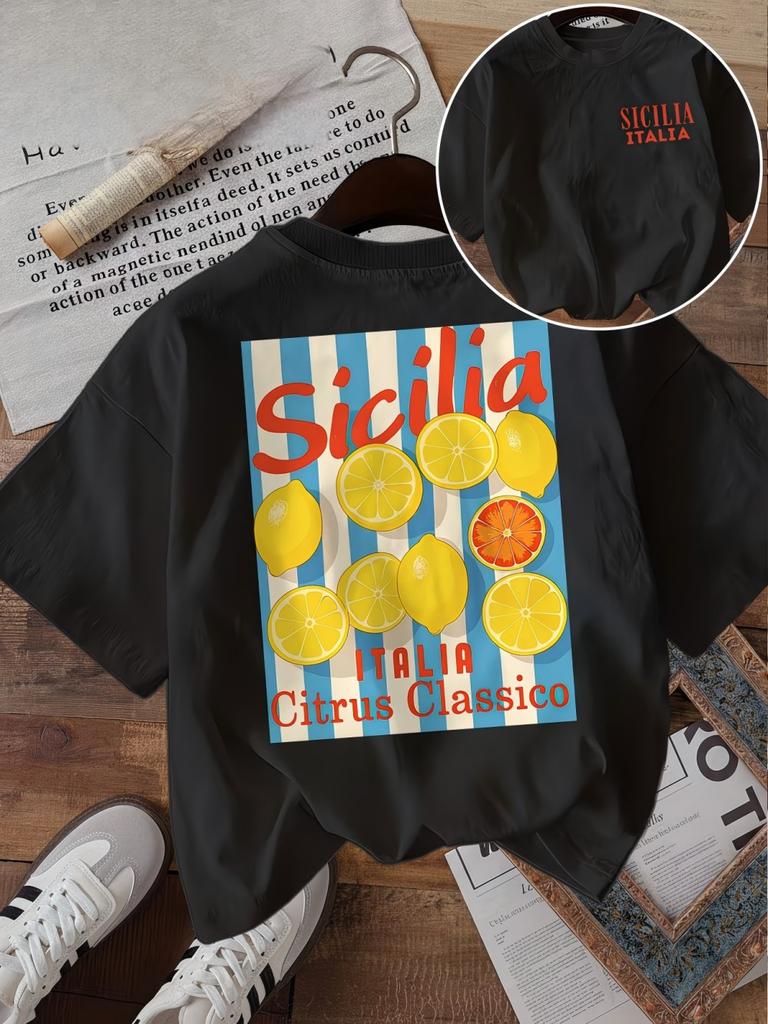 Vintage Sicilia Italia Graphic Tee Unisex Retro Aesthetic Striped Lemon Print T Shirt Summer Harajuku Streetwear Fashionable Top