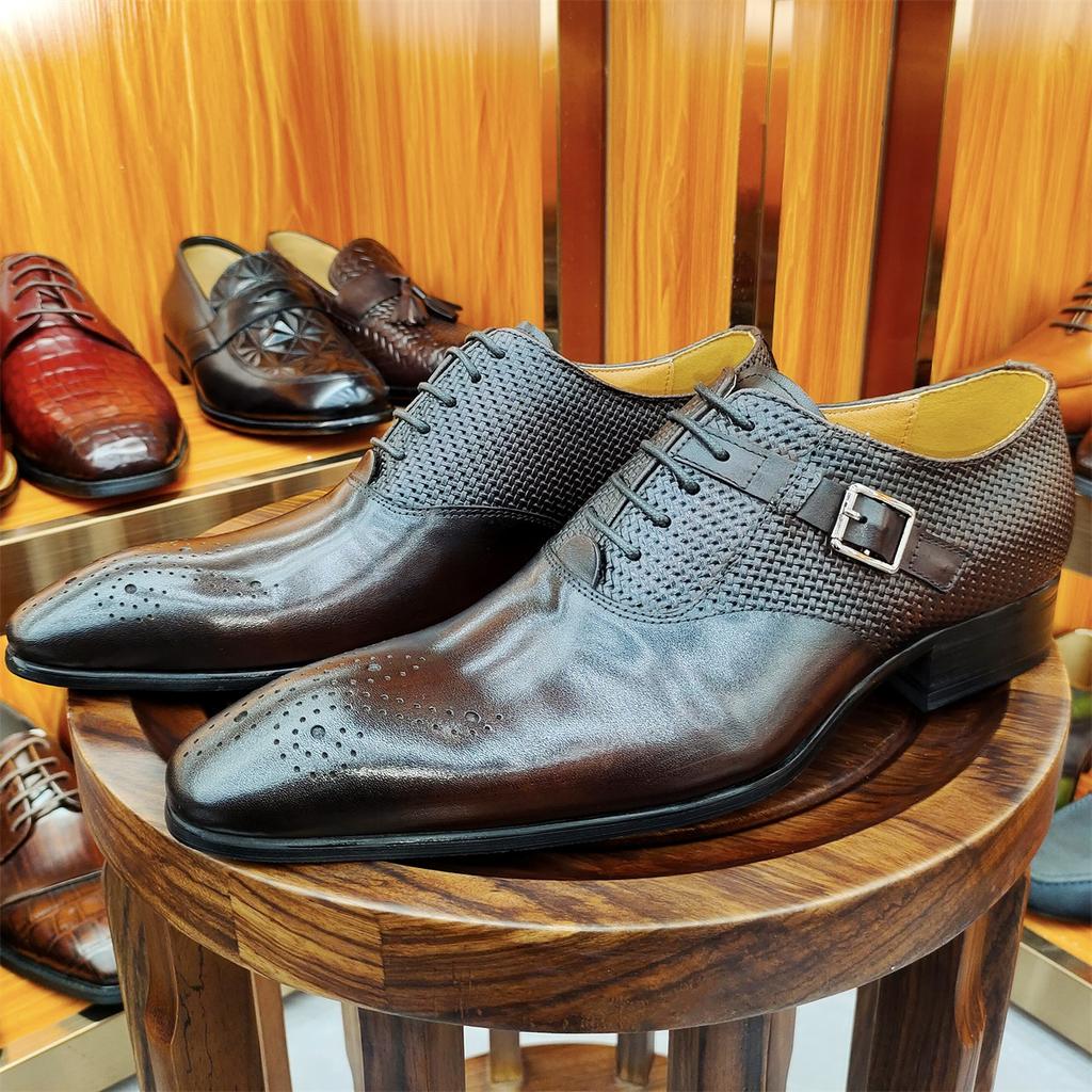 Fashion Luxury Mens Business Genuine Leather Oxfords Fashion Wedding Shoes Lace-up Pointed Toe Black Coffee Brogues Dress Shoes