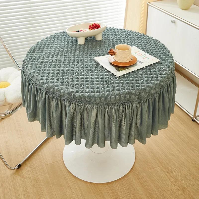 Round Bubble Gauze Tablecloth Seersucker Solid Color Elastic Table Skirt Modern Simple Style Home Decoration Dining Table Cover