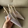 Fashion Luxury Rhinestones Mesh Women High Heels Sandals 2025 Summer Pointed Toe Dress Slingbacks Sexy Office Work Lady Mules Shoes