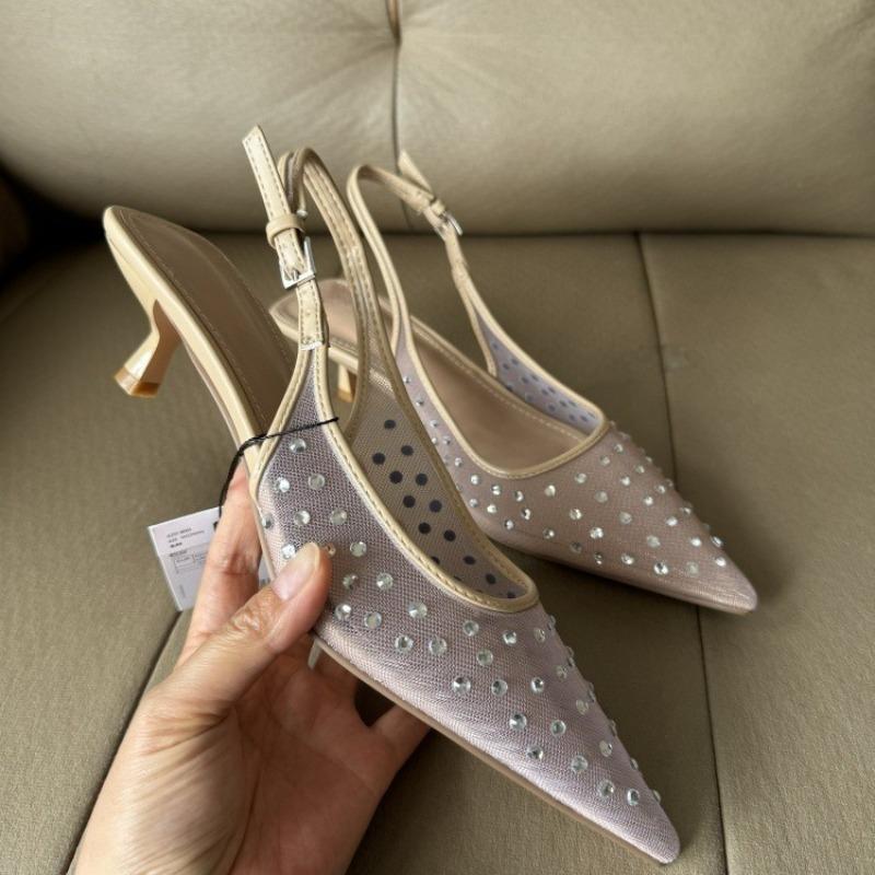 Fashion Luxury Rhinestones Mesh Women High Heels Sandals 2025 Summer Pointed Toe Dress Slingbacks Sexy Office Work Lady Mules Shoes