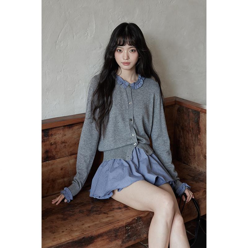 

Yimeng 2025 Korean Style Patchwork Long Sleeve Knitted Cardigan for Women Medium