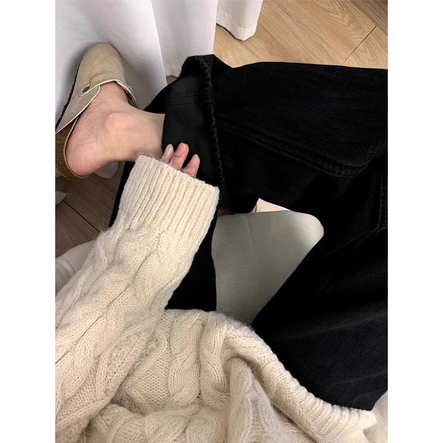 Melanoid Brown High Waist Wide-Leg Jeans for Women - Autumn/Winter Velvet Lined Floor-Length Pants