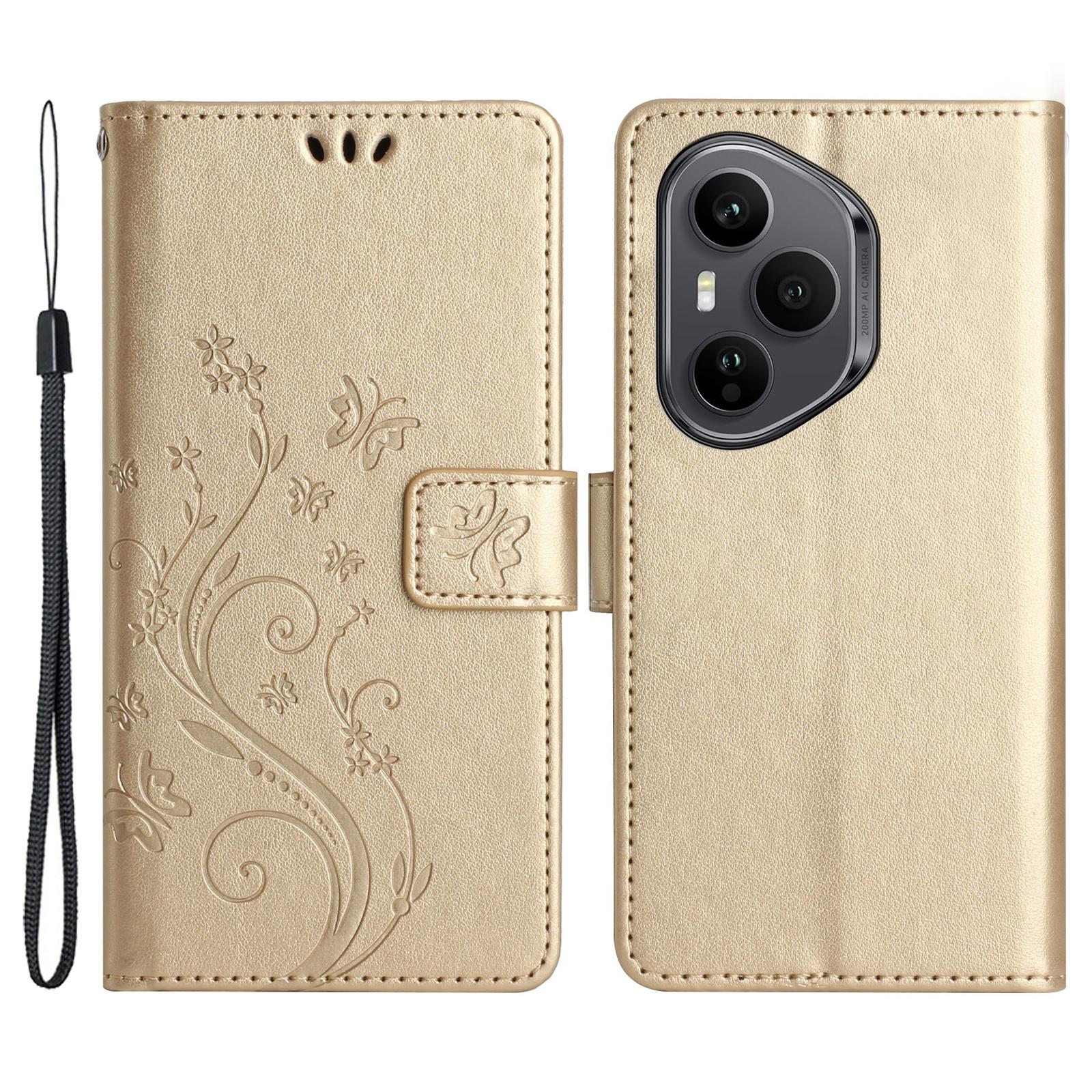 

Для Honor 400 Pro 5G (Глобальний) Шкіряний чохол-гаманець з тисненням метелика та квітки, чохол для телефону зі шнурком J