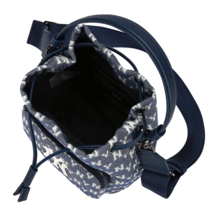 MLB Monogramm Serie NY Yankees Retro Blumendruck Kordelzugverschluss Eimertasche Unisex Taschen Denim-Blau 32BG34111-50N