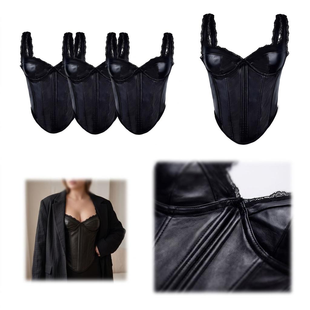 Women's Leather Lace Corset Camisole with Boning for Evening and Party Wear