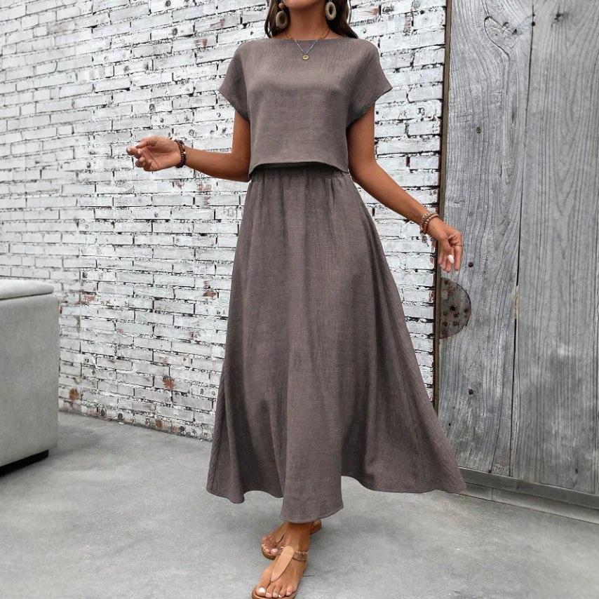 2026 summer fashion casual European and American cross-border 2-piece set women's solid color short-sleeved top and casual A-shaped skirt set