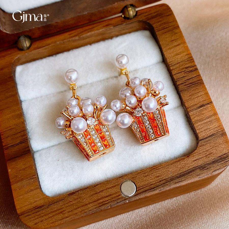 18K real gold electroplated silver needle zircon flower basket fireworks pearl stud earrings exquisite earrings women