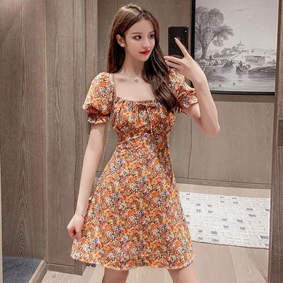 Moda Vestido Tamanho Grande Feminino Verão Novo Francês Retrô Gola Quadrada Para Cobrir a Barriga e Mostrar Magreza Manga Curta Bufante Vestido Floral